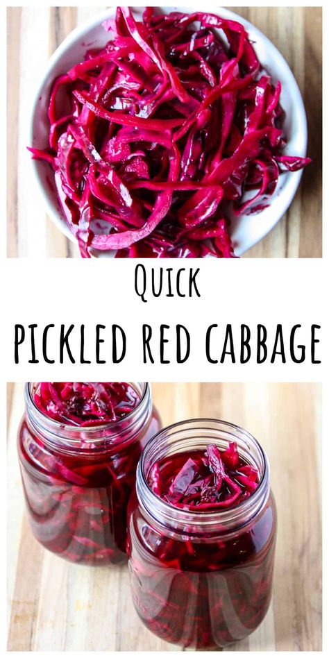 Quick Pickled Red Cabbage is super easy to make and it adds a beautiful pop of color and tangy crunch to tacos, burgers, salads, rice bowls, and much, much more. It's a versatile, delicious and nutritious condiment that's great to have in the fridge. Cabbage Canning, Slow Cooker Red Cabbage, Summer Canning, Pickled Vegetables Recipe, Pickled Red Cabbage, Red Cabbage Recipes, Quick Pickled Red Onions, Comfort Recipes, Red Cabbage Slaw