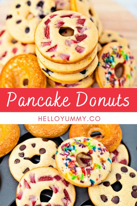 Donuts From Pancake Mix Baked, Donut Pancake Recipe, Donuts Out Of Pancake Batter, Easy Back To School Breakfast For Kids, Kids To Go Breakfast Ideas, Mini Donut Pan Ideas, Easy Sleepover Breakfast Ideas, Pancakes In Donut Pan, Breakfast Donuts Easy