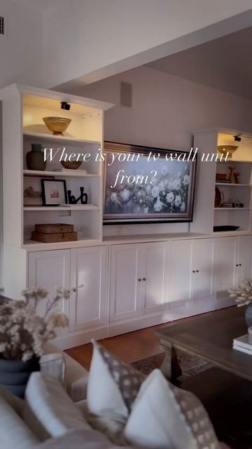 Family Room Wall Storage Cabinets, Built In Media Wall Ikea Hack, Ikea Entertainment Unit Hack, Tv Wall Cabinets Living Room, Ikea Havsta Built In Hack, Ikea Media Wall Hack, Havsta Ikea Ideas, Ikea Tv Wall Unit Ideas, Tv Built In Wall Unit