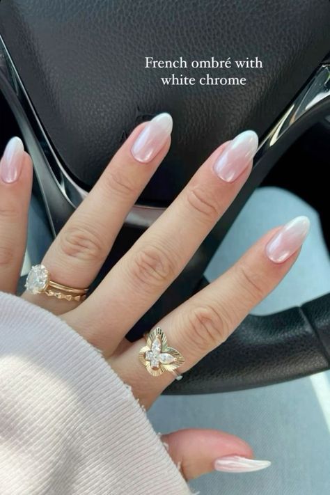 Proposal Nails French Tip, Cute Soft Almond Nails, Aesthetic Almond Nails Simple, Wedding Day French Manicure, Bridal Nails Almond Shape Ombre, French Top Chrome Nails, Nails Acrylic Clean Girl, Nail Ideas 2023 Almond, Soft Girl Almond Nails