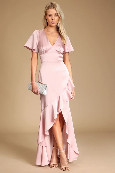 Blush Satin Maxi Dress - Chic Ruffled Maxi - Flutter Sleeve Gown - Lulus Summer Wedding Guest Dress, Backyard Wedding Dresses, Spring Wedding Guest, Spring Wedding Guest Dress, Bridesmaid Dresses With Sleeves, Chic Maxi Dresses, Summer Wedding Guest, Sleeve Gown, Pink Bridesmaid Dresses