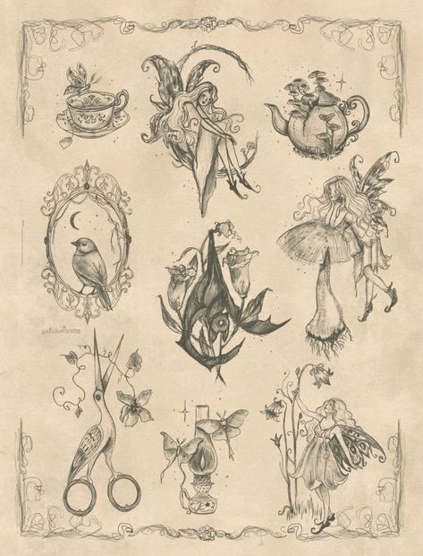 Victorian Fairytale Illustration, Apothecary Tattoos, Practical Magic Art, Dark Fairy Tattoo, Practical Magic Tattoo, Fairy House Drawing, Big Tattoos, Painting Clothes, Fae Art