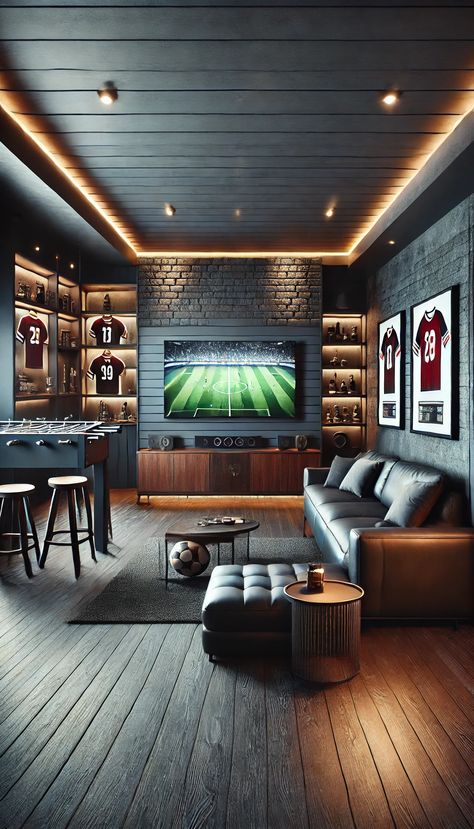 21 Jaw-Dropping Man Cave Decor Ideas You Must See to Believe! 🕶️🎱 Masculine Basement Decor, Upscale Man Cave, Man Cave Accent Wall, Man Cave Lighting Ideas, Football Man Cave Ideas, Modern Man Cave Ideas, Man Cave Decor Ideas, Man Cave Paintings, Cave Interior