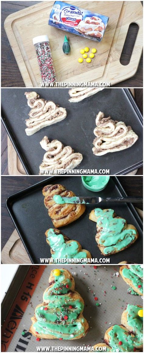 Cinnamon Roll Christmas Trees - This is the CUTEST idea for Christmas Breakfast I have seen! Cinnamon Roll Christmas, Pillsbury Rolls, Jul Kaka, Grands Biscuits, Xmas Morning, Green Icing, Breakfast Christmas, Homemade Rolls, Gung Ho