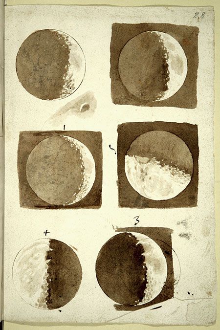 Galileo Galilei (1564-1642)  Drawings of the Moon, November-December 1609.  Florence, Biblioteca Nazionale Centrale, Ms. Gal. 48, f. 28r.     Galileo produced this extremely famous set of six watercolours of the Moon in its various phases "from life", as he observed the Earth's satellite through a telescope in the autumn of 1609. They represent the first realistic depiction of the Moon in history. Galileo Galilei, Light Academia Aesthetic, Moon Drawing, Phases Of The Moon, A4 Poster, Dark Academia Aesthetic, Academia Aesthetic, Light Academia, Moon Phases