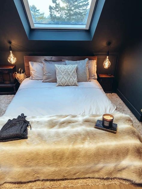 Dark Attic Room, Slope Roof Bedroom Interior, Moody Loft Bedroom, Sloped Roof Bedroom Master Suite, Attic Bedroom Colour Schemes, Cosy Loft Bedroom, Cosy Attic Bedroom, Dark Attic Bedroom, Loft Conversion Bedroom Master Suite