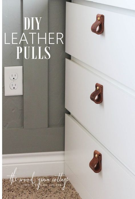 Cabinet Door Diy, Cabinet Doors Diy Projects, Diy Leather Pulls, Door Handle Diy, Door Diy Projects, Cottage Diy, Diy Cabinet Doors, Leather Drawer Pulls, Diy Space