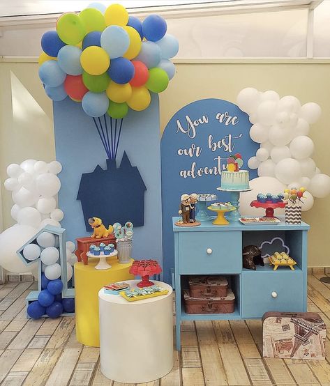 Up Themed Party Decor, Movie Up Gender Reveal Theme, Up Movie Balloon Decorations, Up Disney Party Ideas, Up Themed Dessert Table, Up Movie Backdrop, Up Disney Birthday Party, Up 2nd Birthday Party, Up Bday Theme