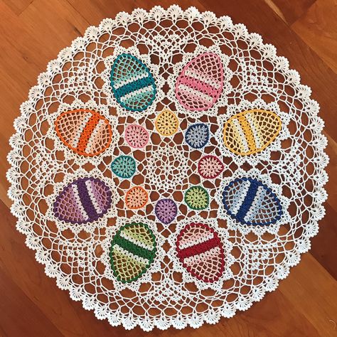 Crochet An Easter Egg Centerpiece Designed By Emma Garside | KnitHacker Easter Doily Crochet Patterns Free, Crochet Easter Table Runner, Easter Egg Centerpiece, Crochet Spring Patterns, Easter Crochet Patterns Free, Crochet Placemat Patterns, Crochet Hack, Crochet Easter, Crochet Bedspread Pattern