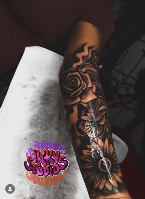 Half Sleeve Tattoos For Women Sunflower, Inner Forearm Tattoo Cover Up, Tattoos With A Lot Of Shading, Outer Sleeve Tattoo, Inside Sleeve Tattoos For Women, Dark Shaded Tattoos, Coverup Forearm Tattoo Women, Flower Forearm Tattoo Black Women, Cover Up Tattoos Forearm