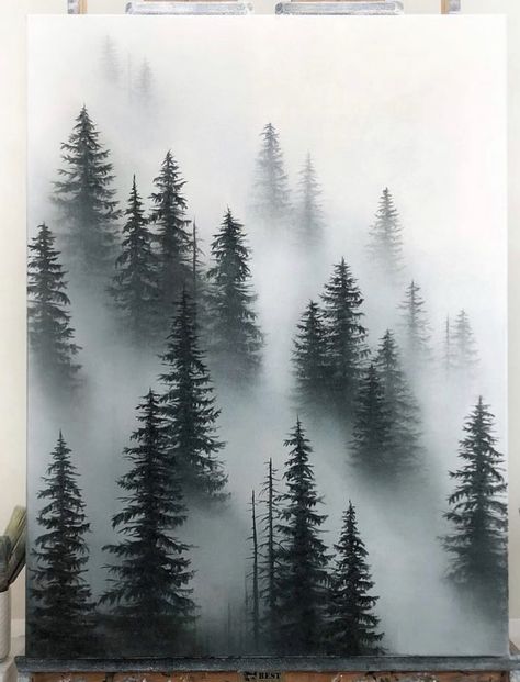 Mountain Style Homes, Forest Drawing, Landscape Tattoo, Foggy Mountains, Mountain Style, Foggy Forest, Painting Media, Forest Painting, Forest Art