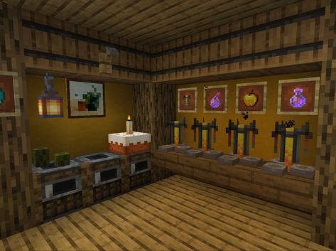 Minecraft idea for kitchen and potion brewery corner #minecraft Brewing Station Minecraft Design, Minecraft Brewery Ideas, Minecraft Corner Kitchen, Brewing Area Minecraft, Minecraft Brewery Room, Potion Brewing Room Minecraft, Potions Room Minecraft, Potion Room Minecraft Ideas, Minecraft Wine Cellar