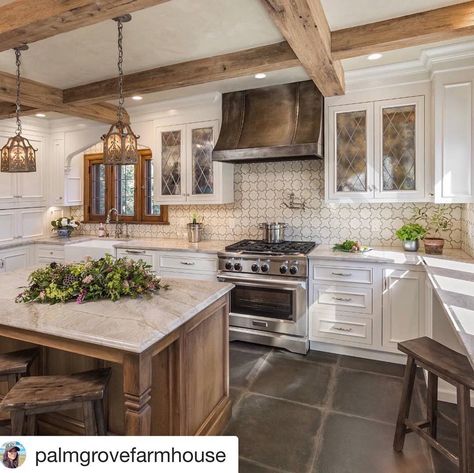 Streamline Realty, LLC. on Instagram: “#Repost @palmgrovefarmhouse ・・・ How do you feel about the rustic look of this kitchen? The rough-hewn beams, warm wood island and…” Tudor Kitchen, Best Flooring For Kitchen, Kitchen Floor Tiles Ideas, New House - Kitchen, Farmhouse Kitchen Design, Ft Worth, Kitchen Floor Tile, Kitchen Inspiration Design, Kitchen Redo