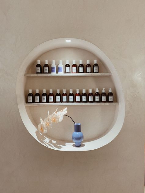 Skincare Display, Column Shelves, Facial Room, Beauty Salon Interior Design, Recessed Shelves, Aesthetic Center, Spa Interior Design, Skincare Store, Clinic Interior Design