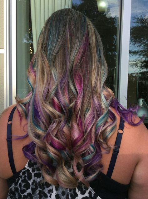 Teal, purple and pink streaks Purple Hair Color Highlights, Teal And Purple Hair, Teal Hair Highlights, Purple Peekaboo Hair, Purple Hair Streaks, Hot Mess Hair, Purple Brown Hair, New Hair Color Ideas, Pink And Purple Hair