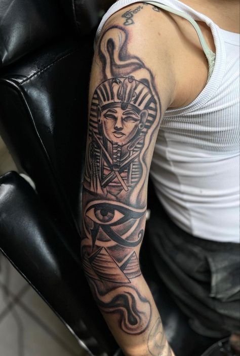 Egyptian Queen Nefertiti Tattoo, Spiritual Men Tattoos, Black Egyptian Tattoo, Egyptian Shoulder Tattoo, Egyptian Arm Tattoo, Pharoah Tattoo For Men, African Sleeve Tattoo Men, Trap Tattoos Men Shoulder, Muslim Tattoo Ideas