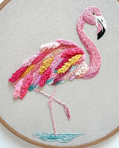 New 🦩 with loads of texture. Should I make a pattern for this? #flamingo #modernembroidery #handembroidery #embroidery #embroideryart #damngoodstitch #dmcembroidery #dmcthreads Flamingo Embroidery Design, Embroidery Flamingo, Flamingo Embroidery, Diy Embroidery Shirt, Embroidery Jeans Diy, Mosaic Embroidery, Instagram Edit, Animal Embroidery Designs, Pink Embroidery