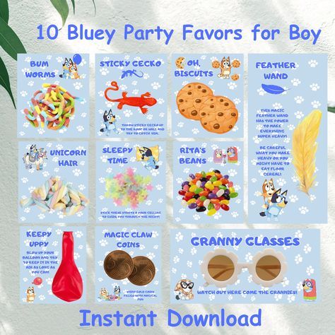 ✨Make Your Bluey Birthday Unforgettable with Our Party Favors Bundle! ✨ ✨Create the perfect Bluey birthday celebration for your little one with our 10 Bluey party favors! Designed to delight every bluey birthday boy, this blue theme bundle includes fun and memorable items that will make your party stand out. ✨These party printables are easy to print, and assemble, making your party planning a breeze. Ensure your bluey birthday boy has a day to remember with our delightful bluey party favors! HOW IT WORKS? ✨Instant Download ✨ PARTY FAVORS SIZE: 8 tags at 3.5"×4" 1 tag at 7"×3.5" 1 tag at 4"×8" ✨PAGE SIZE 8,5"×11" (6 tags on page/ 3 on page/2 on page)  ✨TAGS ARE NOT EDITABLE ✨ Print  ✨ Digital Item Only ✨ No Refund PLEASE NOTE ✨These items are not meant to be resold. They are for your person Bluey Loot Bags, Bluey Birthday Candy Table, Bluey Birthday Party Favor Ideas, Bluey Favor Ideas, Bluey Goodie Bags Favors, Bluey Party Favor Printables Free, Bluey Kids Party, 2nd Birthday Party Bluey, Bluey Third Birthday Boy