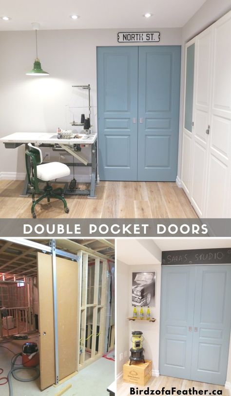 Barn Pocket Doors, Garage Pocket Door, Diy Double Pocket Door, Basement Diy Ideas, Pocket Closet Doors, Pocket Doors Ideas, Pocket Doors Diy, Diy Pocket Door, Basement Update