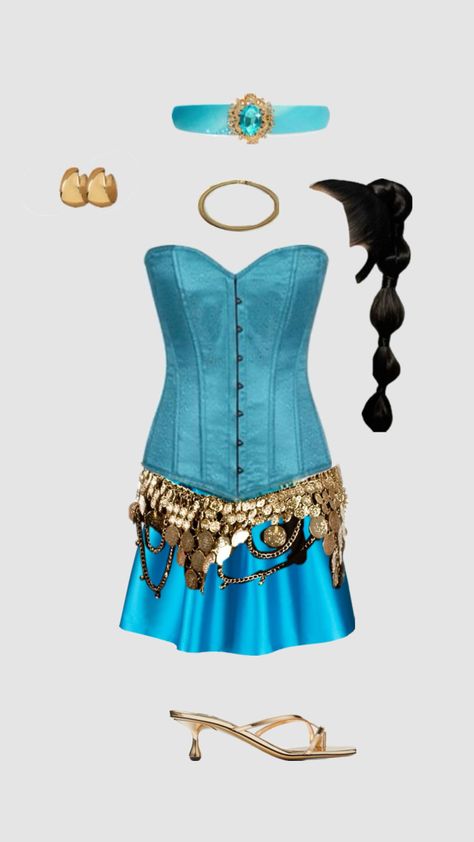 Jasmine                                                  Gold turquoise corset Halloween costume jasmine princess Aladdin jewelery shoes hair bubble braid headband skirt Jasmine And Aladdin Costume, Turquoise Corset, Princess Jasmine Halloween Costume, Corset Halloween Costume, Corset Halloween Costumes, Bubble Costume, Jasmine Halloween Costume, Joker Halloween Costume, Jasmine Princess