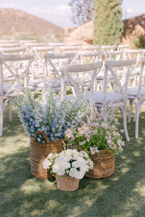 Flower Basket Wedding Aisle, Baskets With Flowers Wedding, Blue Pink Flower Arrangements, Hydrangea Basket Wedding, Basket Florals Wedding, French Blue And Pink Wedding, Wicker Basket With Flowers, French Country Wedding Flowers, Spring Ceremony Decorations