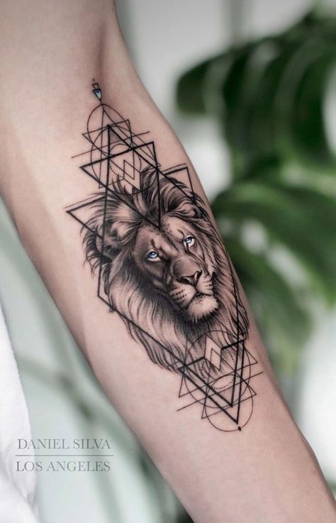 Lion Forearm Tattoos, Geometric Lion Tattoo, Mens Lion Tattoo, Forearm Band Tattoos, Band Tattoo Designs, Wrist Tattoos For Guys, Leo Tattoos, Lion Tattoo Design, Cool Forearm Tattoos