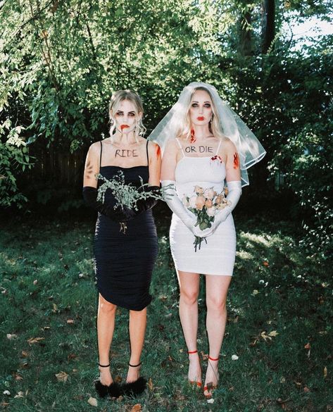 LOOKLOVE (@looklovebeauty) • Instagram photos and videos Bride And Groom Zombie Costumes, Spooky Bride Costume, Bridesmaid Halloween Costume, Halloween Costumes 2 Girls Scary, Bridezilla Costume Halloween, Wedding Dress Costume Halloween, Zombie Bridesmaid Costume, Dark Bride Halloween Costume, Scary Bride And Groom Costumes