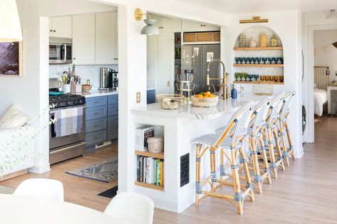 Galley Kitchen Before And After, Opening Up A Galley Kitchen, Open Galley Kitchen, Galley Kitchen Remodel Ideas, Galley Kitchen Layout, Organizers Kitchen, Coastal Kitchen Design, Galley Kitchen Design, Galley Kitchen Remodel