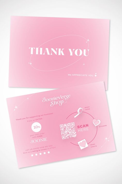 Stationery Shop Thank You Card Design | Joonieverse Shop | Pink Aesthetic Moonlight Branding Card #logodesignatl #logoism #logo #logofolio Aesthetic Thank You Cards, Thank You Card Design Aesthetic, Aesthetic Moonlight, Of Logo Design, Thank You Card Design, Online Logo Design, Design Maker, Aesthetic Template, Online Logo