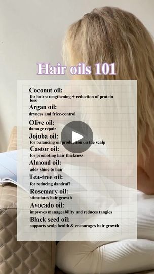 693 reactions · 356 shares | Hair Oil Guide for Every Woman:

1. **Argan Oil**: Ideal for taming frizz and adding shine. Best for dry or coarse hair types.

2. **Coconut Oil**: Deeply nourishes and strengthens hair, perfect for damaged or color-treated hair.

3. **Jojoba Oil**: Balances oil production and moisturizes without weighing hair down, great for all hair types.

4. **Castor Oil**: Promotes hair growth and thickening, recommended for thinning hair or sparse edges.

5. **Rosemary Oil**: Stimulates scalp circulation and promotes healthy hair growth, suitable for those looking to boost hair volume.

6. **Avocado Oil**: Rich in vitamins and nutrients, ideal for restoring moisture to dry, brittle hair.

7. **Almond Oil**: Softens hair and reduces breakage, great for detangling and addin Oil For Dry Hair, Mix Oils For Hair Growth, Light Weight Oils For Hair, Oil For Hair Growth And Thickness, Oils That Penetrate Hair, Hair Thickening Oil, Tea Tree Oil Hair, Soften Hair, Rosemary Oil