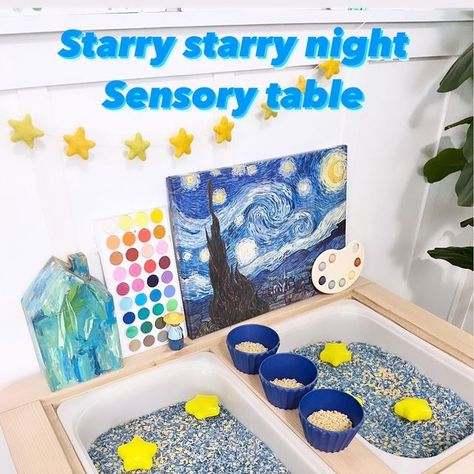 melanie shanks on Instagram: "Starry starry night sensory table I made colored colored rice. I used navy paint, but it made all these lovely shades of blue from pale blue to navy blue. I was like, ahhh this is perfect. Then I added some Star pasta (left over from our St Patrick’s Day set up). Those large stars are actually bathtub toys. (I think outside the box a lot.) Benny’s Art House, a beautiful watercolor set, Van Gogh peg doll, a Starry Starry Night painting and a Mushie paint palette po Star Pasta, High Scope, Starry Starry Night, Navy Paint, Starry Night Painting, Bathtub Toys, Colored Rice, Toddler Sensory, Sensory Boxes