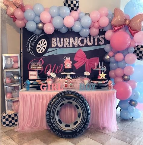 Unique Baby Gender Reveal Ideas, Car Theme Gender Reveal Ideas, Burnout Or Bows Cake, Gender Reveal Ideas Car Theme, Burn Outs Or Bows Gender Reveal Ideas, Burnouts Or Bows Gender Reveal Cake, Motorcycle Gender Reveal, Car Gender Reveal Ideas, Gender Reveal Ideas For Party Burnouts Or Bows