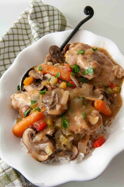 Saute' some chicken, make a roux and add vegetables for a delicious Cajun dinner. Leftovers are outstanding! #Cajunrecipes #Chickenrecipes Cajun Chicken And Potatoes, Chicken Mushroom Stew, Chicken Mushroom Sundried Tomato Recipes, Chicken Mushroom Wild Rice Soup, Chicken With Wine And Mushrooms, Turkey Stew, Chicken Fricassee, Dinner Leftovers, Cajun Chicken