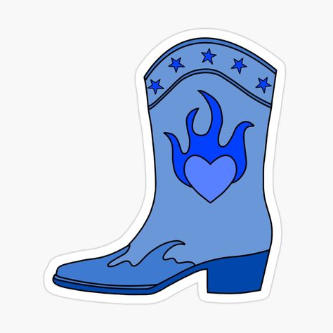 Get my art printed on awesome products. Support me at Redbubble #RBandME: https://www.redbubble.com/i/sticker/Blazing-Blue-Boot-by-MihaelaMereoara/162865058.EJUG5?asc=u Blue Cartoon, Stickers Aesthetic, In Flames, Blue Boots, Cowboy Boot, Blue Tones, The Cool, A Heart, Cowboy Boots