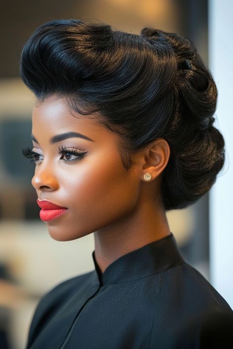 50s Bun Hairstyles, Updos With Wigs, 1920s Hairstyles Black Women, Formal Upstyles For Medium Hair, Permed Hairstyles Black Women Short Hair, Hollywood Hairstyles Black Women, Olivia Pope Hair Hairstyles, Modern Victory Rolls, Donut Hair Bun For Black Women