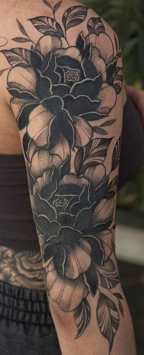 Sleeve Tattoos With Flowers, Black Shaded Flower Tattoo, Darker Floral Tattoo, Heavy Black Floral Tattoo, Black And Blue Tattoos For Women, Dark Foliage Tattoo, High Contrast Floral Tattoo, Blacked Out Leg Tattoo, Shaded Flowers Tattoo