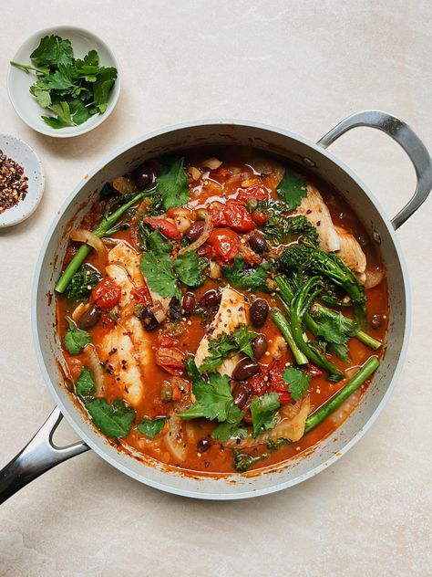 One Pot Fish Puttanesca With Fennel - Liv Kaplan | Healthy Recipes Fennel Recipe, Oregano Chicken, Fennel Recipes, Dinner Rotation, One Pot Dinners, One Pot Meal, How To Peel Tomatoes, Holistic Nutritionist, White Fish