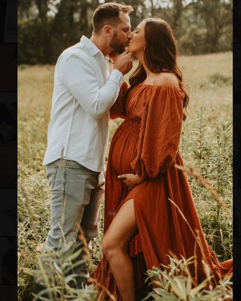 Fall Maternity Dress Photo Shoot, October Maternity Photoshoot, Maternity Shoot Autumn, Terracotta Maternity Dress, Burnt Orange Maternity Dress, Brown Maternity Dress Photoshoot, Fall Maternity Photo Shoot Ideas, Pregnancy Photos Autumn, Fall Maternity Photos Orange Dress