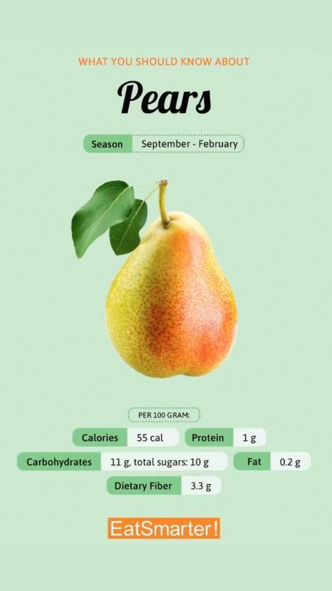 Pear nutritional analysis, health benefits and exclusive recipes. Fruit Infographic, Fruit Facts, Fruits Summer, Fruit Nutrition, Fruit Packaging, Healthy Fruit, Eat Healthier, Fruit Photography, Water Filters