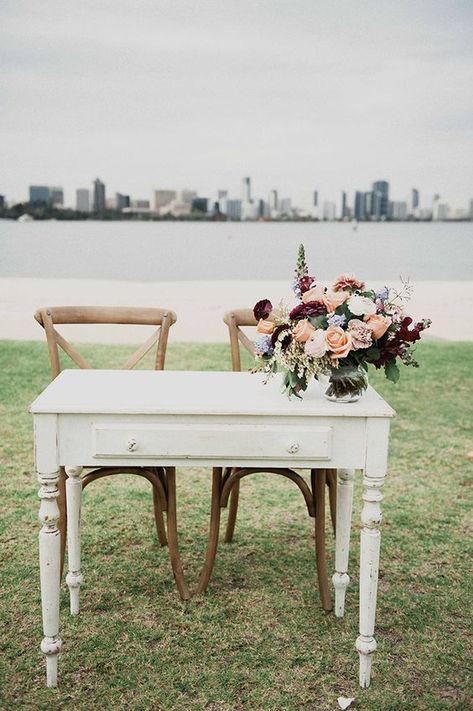 Ceremony Signing Table, Vintage Wedding Ceremony Decorations, Vintage Wedding Ceremony, Rustic Wedding Ceremony, Signing Table Wedding, Ceremony Ideas, Ceremony Flowers, Ceremony Backdrop, Marriage Ceremony