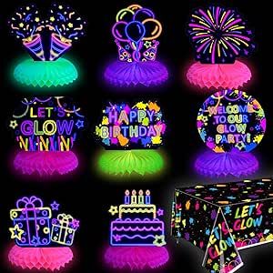 10 Pieces Glow in The Dark Party Table Decorations, Neon Table Honeycomb Centerpiece and Let's Glow Tablecloths Set - Black Light Table Topper Neon Decorations for Kids Glow in Dark Party Supplies Neon Table, Glow Party Decorations, Glow Theme Party, Neon Decorations, Honeycomb Centerpiece, Neon Party Decorations, Combined Birthday Parties, Campfire Party, Glow Table