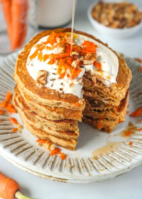 Carrot Cake Pancakes – It's All Good Vegan Pancakes Cake, Carrot Pancakes, Carrot Cake Pancakes, Cake Pancakes, Whiskey Cake, Vegan Cream Cheese, Pancake Batter, Shredded Carrot, Rice Cakes