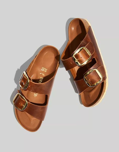 Women: Jeans, Clothing, Bags & Shoes | Madewell Birkenstock Leather Sandals, European Footwear, Birkenstock Big Buckle, Look Boho Chic, German Dress, Buckle Outfits, European Shoes, Double Strap Sandals, Footbed Sandals