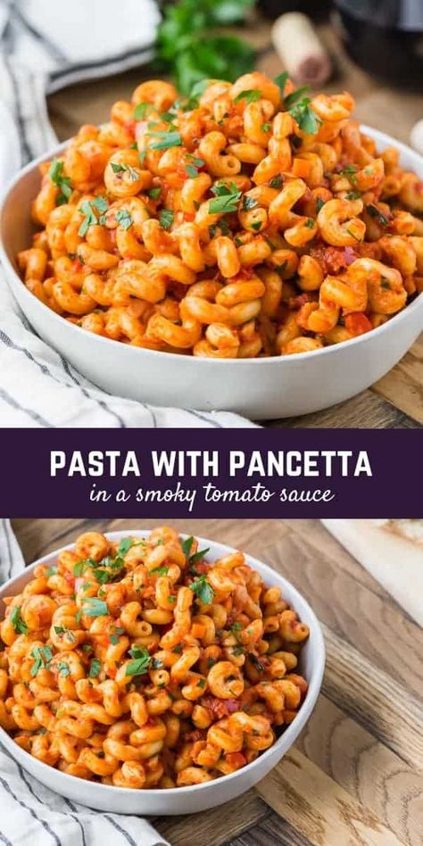 This easy and sophisticated pasta with pancetta is a perfect meal for entertaining or for everyday dining. You'll love the smoky tomato sauce! Pasta With Pancetta, Pancetta Recipes, Pancetta Pasta, Tomato Pasta Recipe, Arugula Salad Recipes, Homemade Italian Dressing, One Pot Pasta Recipes, Tomato Sauce Recipe, Homemade Italian