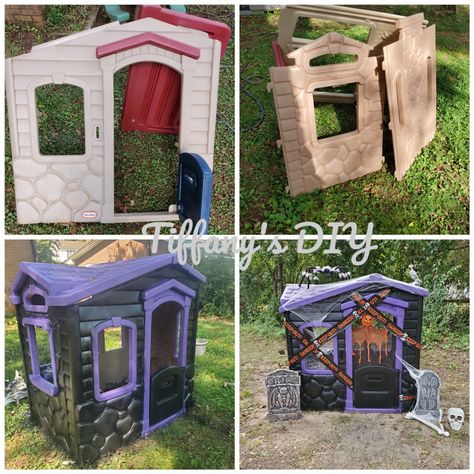 Transforming an old playhouse into a haunted house! Before and after. Playhouse To Haunted House, Diy Haunted Playhouse, Playhouse Into Haunted House, Playhouse Haunted House, Haunted House Playhouse, Haunted Playhouse Ideas, Halloween Playhouse Makeover, Diy Haunted House Ideas Outdoor, How To Make A Haunted House