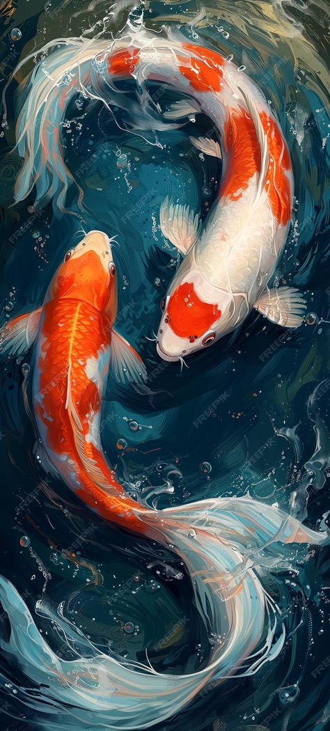 Premium Photo | Koi fish visual album full of meditation vibes and gorgeous moments for koi lovers Goldfish Wallpaper Aesthetic, Koi Fish Aesthetic, Koi Wallpaper, Karp Koi, Yin Yang Koi, Animal Paintings Acrylic, Koi Painting, Koi Fish Drawing, Koi Art