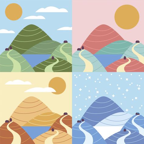 Free Vector | Flat design 4 seasons illustration Four Seasons Illustration Design, Season Illustration Design, 4 Season Illustration, 4 Seasons Illustration, 4 Seasons Art, Seasons Illustration, Seasons Poster, Bottle Label Design, Winter Illustration