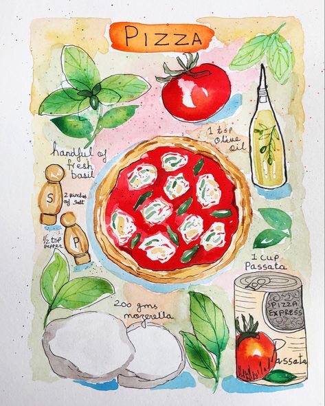 Recipe illustration Vintage Recipe Poster, Watercolor Recipe Book, Food Illustration Recipe, Watercolor Recipe Illustration, Illustrated Recipes Drawings, Recipe Book Illustration, Food Doodle Art Illustrations, Cooking Illustration Art, Aesthetic Recipes Notes