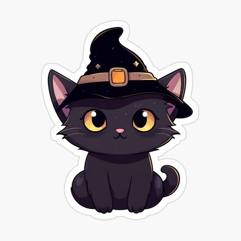 Black Cat Pictures, Black Cat Sticker, Chat Halloween, Whimsical Halloween, Halloween Sticker, Witch Cat, Cute Black Cats, Black Cat Halloween, Halloween Stickers