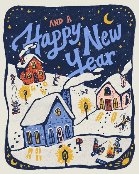 Vintage New Years Eve Illustrations, Celebration Illustration Graphic Design, New Year Eve Illustration, Happy Holidays Drawing, New Years Postcard, Nye Illustrations, Happy New Year Design Ideas, New Years Eve Drawing, New Year Eve Poster